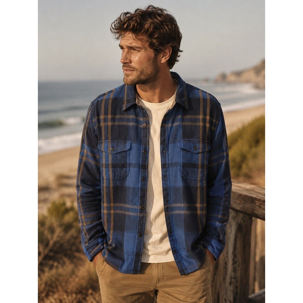 Outerknown Blanket Shirt Men’s L Blue Plaid Coastal Flannel Overshirt Organic